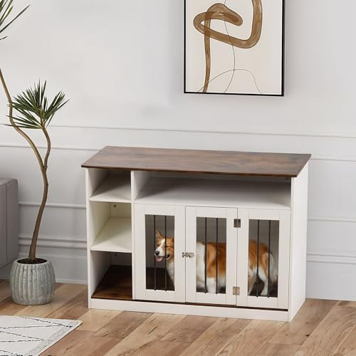 The Fellie Wood Dog Crate Furniture, Lockable Dog Cage End Side Table, Wooden Pet Crates Open Shelf, Indoor Pet Kennel with Drawer Storage, Wooden Puppy Crate for Small/Medium Dogs 120x60x88cm, White