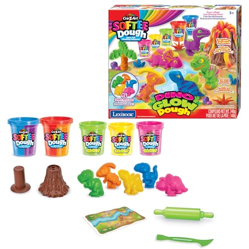 Lexibook, Pasta da Modellare Fluorescente Dino, Blu Viola Rosso Arancione Verde Giallo Rosa, CRDOUGH11