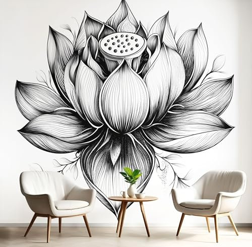 ANALTIRCE Papier Peint Simple Fleurs 3D Panoramique Mural, Noir Blanc Lotus Papier Peint en Tissus non tissés Poster 350× 256cm Décoration Murale Salon Chambre