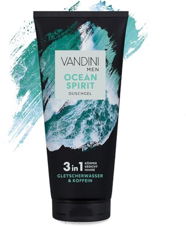 VANDINI Men Ocean Spirit 3-in-1 Shower Gel for Men 200 ml with Glacier Water & Caffeine - 3-in-1 Men's Shower Gel for All Skin Types - Vegan, Parabens & Silicones, Made in Germany