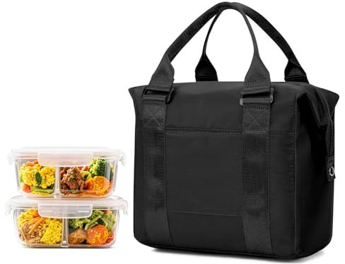 HPLQQ Bolsa Térmica Porta Alimentos, Bolsa Comida Trabajo, Lunch Bag Bolsa Almuerzo Isotermica Impermeable para Mujer Trabajo, Oficina, Colegio y Picnic,B1-Negro