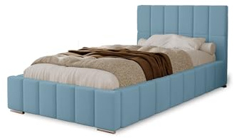 MARPUR POLSTERBETT Alma 100x200 cm, Bett mit Kopfteil, Doppelbett mit Bettkasten und Lattenrost aus Holz, Velourstoff: Hellblau