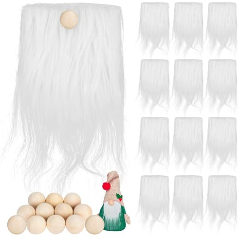 12 Stück Wichtelbart Zum Basteln Bart, Fell zum Basteln Weiß mit 12 Holzkugeln, Vorgestanzter Zwergenbart Kunstpelz Kostümbartstoff für DIY Gnome Wichtel Weihnachtsmann Bart Für Wichtel Zubehör