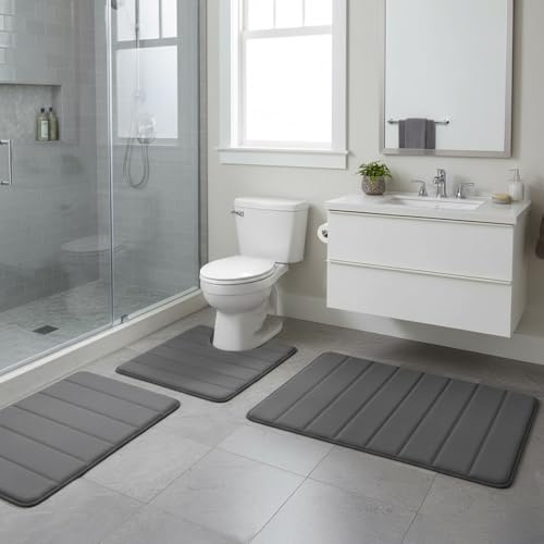 Cnwinu Badezimmerteppich Set 3 Teilig, Badteppich rutschfest Waschbar, Badematte rutschfest Badewanne, Maschinenwaschbare, Superabsorbierende Badvorleger Set 3 Teilig, für Dusche, Badewanne und Wc