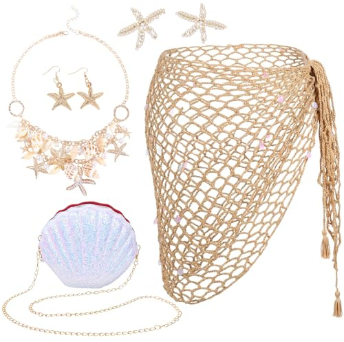 HarnyLoom 5 pezzi costume da sirena da donna – sarong gonna all'uncinetto copertura stelle marine collana orecchini fermagli per capelli borsa sirena accessori set per carnevale Halloween