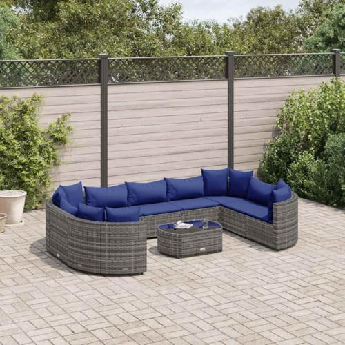 Bucmath Ensemble de 10 canapés de jardin gris en rotin synthétique - Modulable - Avec coussins, table basse en verre trempé - Résistant aux UV - Pour terrasse, balcon