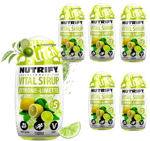 NUTRIFY Vital Drink Sirup Zitrone-Limette 6 x 65ml Getränkekonzentrat Squeeze Flasche für unterwegs - 1:80 ergibt 30 Liter Fertiggetränk