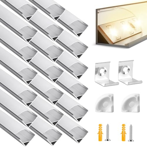 BRIMETI LED Profil Aluminium für LED Strip Streifen 10mm Breite, 20x 1M V-Form Kanal Schiene Eckprofil Aluminiumprofil Leisten, mit Milchiger Weiß Abdeckung Endkappen und Montageklammer