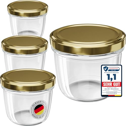 WELLGRO 25x Einmachgläser 230ml – Schraubdeckel TO82 gold – Made in Germany – Vorratsgläser, Marmeladengläser, Aufbewahrungsgläser & Gärgläser