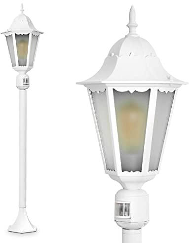 Außenleuchte Hongkong Frost mit Bewegungsmelder, Stehlampe in antikem Look, Aluguß in Weiß mit Milchglas-Scheiben, Wegeleuchte 122cm, Retro/Vintage Gartenlampe, E27-Fassung, IP44, ohne Leuchtmittel