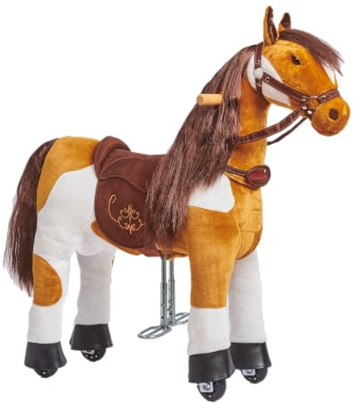 Ponnie Reitpferd mit Rollen Misty S (3-6 Jahre), Spielpferd zum Reiten mit Abnehmbarer Braun Sattel und Halfter mit Zaumzeug, Kämmbare Mähne und Schwanz, Plüschpferd zum Reiten für Kinder