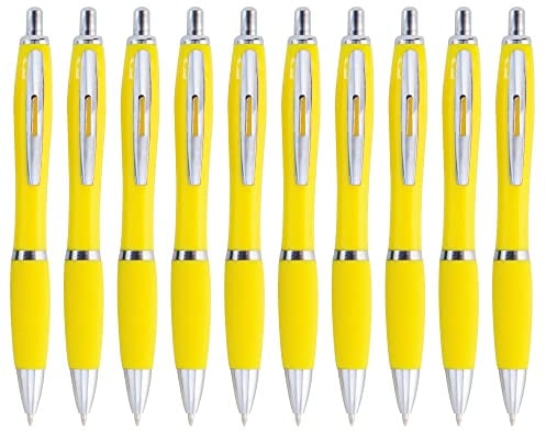 eBuyGB Pack of 10 Ballpoint Pens Blue Ink Retractable Push Button Pen, Yellow