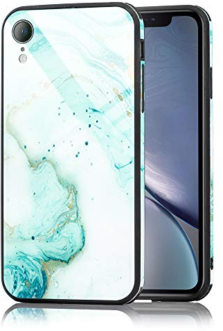 NALIA Hartglas Hülle kompatibel mit iPhone XR, Marmor Design Hard-Case aus 9H Tempered Glass & Silikon Bumper, Kratzfeste Motiv Handyhülle Phone Cover Schutzhülle Handy-Tasche, Farbe:Türkis Gold