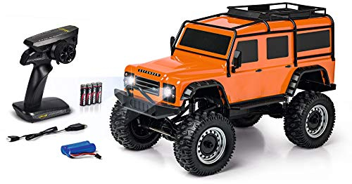 Carson – Land Rover Defender 1:8 – RC-Geländewagen, bis zu 20 km/h schnell, 100% RTR, ferngesteuert, inkl. Batterien und Akku, mit LED-Beleuchtung