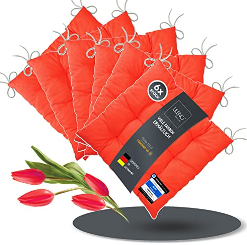 LILENO HOME 6er Set Stuhlkissen Hellrot (40x40x6 cm) - Sitzkissen für Gartenstuhl, Küche oder Esszimmerstuhl - Bequeme UV-beständige Indoor u. Outdoor Stuhlauflage als Stuhl Kissen