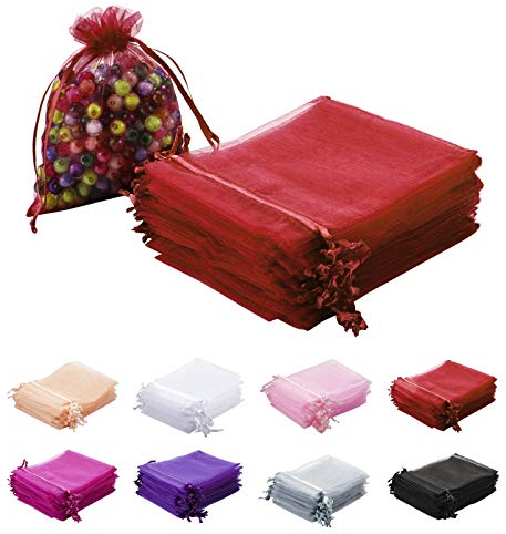 MAZYPO 100 Stück rote Organzabeutel 10,2 x 12,7 cm Hochzeitsgeschenktüten Netz-Geschenktüten mit Kordelzug, Schmuckbeutel für Party, Babyparty, Weihnachten, Valentinstag, Süßigkeiten Geschenktüten