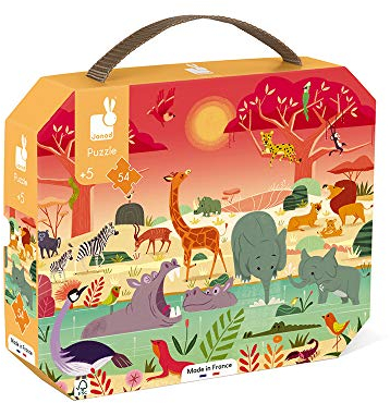 Janod - Puzzle für Kinder Tierreservat, 54 Teile - Lernspiel - fördert Feinmotorik und Konzentration - Koffer mit Griff - FSC-zertifiziert - Ab 5 Jahren, J02650, Weiß