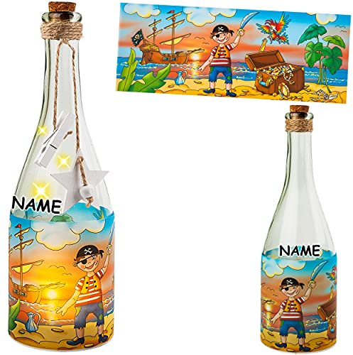 3 Stück Glas - Lichterflaschen Motiv frei wählbar 6 Stück LED Pirat - Piratenschiff & Schatztruhe inkl. Name - Timer Funkiton - LICHT Dekoflaschen /..