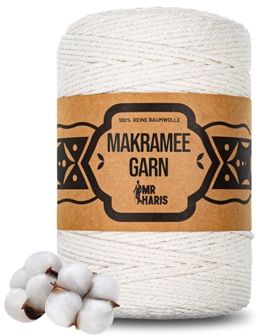 Mrharis Macrame Yarn 3 mm x 250 m - 4 Strands Natural Cotton - Macrame Yarn for DIY Boho & Wall Decoration, Curtains, Knitting, Craft & Craft Projects (250 M)