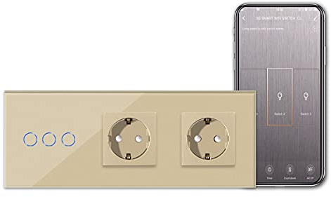 CNBINGO Interruptor de luz inteligente WiFi/WLAN con enchufe doble, táctil con Alexa/Google Home, Smart Light Switch 3 bandas de 1 vía de 16 Amp Oro - No se requiere una escalera neutral