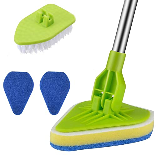 2 in 1 Scrub Cleaning Brush with 37” Long Extendable Handle,AIYoo Floor Scrubbing Brush,1 Stiff Bristle and 3 Sponge Brushes for Cleaning Tile Bathroom Tub,Detachable Cleaner Shower Scrubber