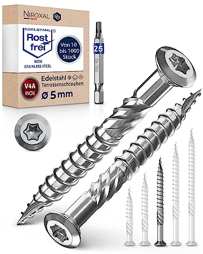 Viti a testa bombata per terrazze, 5 x 60, in acciaio inox A4, viti a testa bombata Torx, 5 mm, spesse, 250 pezzi, viti per legno Torx, lunghezza 60 mm, con 1 punta Torx