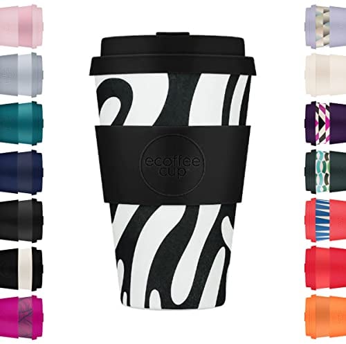 Ecoffee Cup 14oz 400ml Reusable Eco-Friendly 100% Plant Based Coffee Cup with Silicone Lid & Sleeve - Melamine Free & Biodegradable Dishwasher/Microwave Safe Travel Mug, Manasa's Run