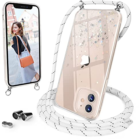 UNDEUX Handykette für iPhone 11 Hülle mit Band, [Necklace Handyhülle mit Glitzer] Kratzfest Stoßfest Silikon Handyhülle Case mit Kette für iPhone 11 (6.1) - Transparent