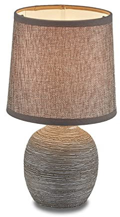KHG Keramik Tischlampe in dunkelgrau, Tischleuchte mit Stoffschirm aus Baumwolle, Nachttischlampe mit E14 Fassung ohne Leuchtmittel, runder Fuß aus Keramik, mit Kippschalter