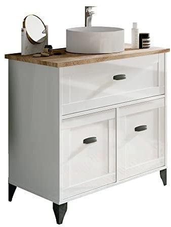 MUEBLES PITARCH | Mueble de Baño 80cm Ancho con Patas, Cajón guías Cierre Suave, 2 Puertas, para Lavabo de sobreponer, Blanco y Roble Cambrian, Estilo Vintage Modelo Toscana