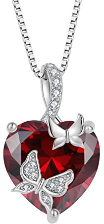 FJ Schmetterling Kette Damen 925 Sterling Silber Granat Kette Januar Geburtsstein Halskette Herz Anhänger Schmuck Geschenke für Frauen Mutter Freundin Mama