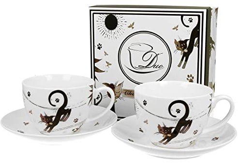 MamboCat Charming Cats Lot de 2 tasses pour 2 personnes 200 ml 2 tasses avec soucoupes en porcelaine avec emballage cadeau Gobelets pour thé café cacao et autres - Service de table avec motif chat