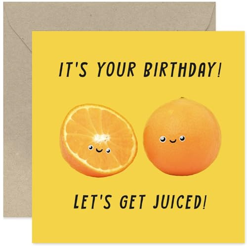 Old English Co. Lustige orangefarbene Geburtstagskarte für Sie – Let's Get Juiced Orange Geburtstagskarte für Männer und Frauen – lustige Karte für Sohn, Tochter, Neffe,innen blanko mit Umschlag