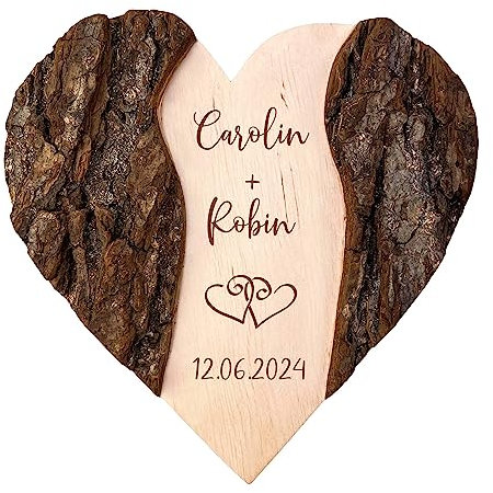Holzherz mit Gravur, Hochzeitsgeschenk mit Herzen Motiv, Personalisierte Hochzeitstag Deko, Geschenke zur Hochzeit, Holz Herz mit Rinde, Hochzeitsherz, Ringkissen aus Holz, Geschenk zum Hochzeitstag
