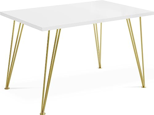 WFL GROUP Rechteckig Ausziehbarer Golden Esstisch - Loft Style Tisch mit Goldenen Metallbeinen - 120 bis 220 cm - Industrieller Glamour Tisch für Wohnzimmer - Weiß - 120 x 80 cm