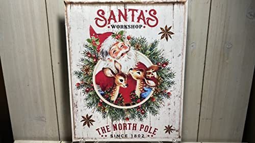Cartello con Babbo Natale e renna, cartello in metallo per l'officina di Babbo Natale, polo nord, decorazione da parete moderna per la casa, 20 x 30 cm