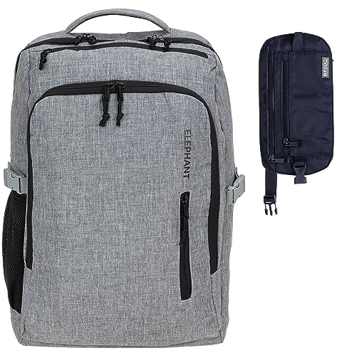 Elephant Handgepäck Reiserucksack großer Rucksack Laptopfach Wäschefach Geheimfach Trolley-Schlaufe Bordgepäck Reise Urlaub Tasche Fly Legends 12900 + RFID Hüfttasche (Grau - Schwarz Zip)