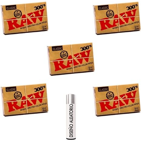 UBOON Raw 300-5 Libritos de 300 Hojas Cada Uno (Total 1500 Hojas) + Mechero Clipper de Regalo - Papel de Cáñamo Puro, Vegano, y Sin Aditivos - Tamaño 76mm x 44mm, Natural