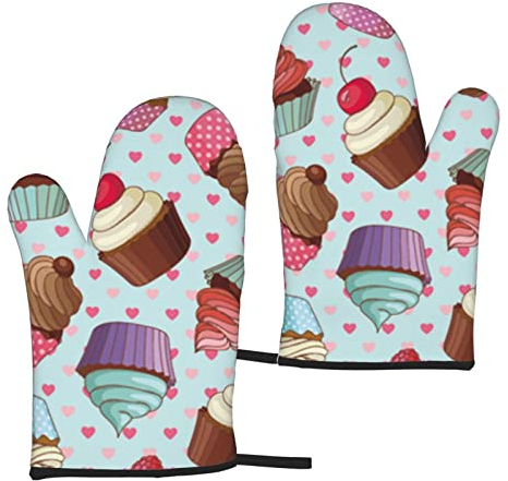 OPSREY Ofenhandschuh, Mikrowellen-Handschuhe, Topflappen, Cupcake-Muster bedruckt