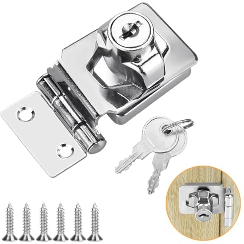 Small Hasp and Staple, TANCUDER 90 Degrees Metal Lock Hasp 2.5 Inch Door Bolt Latch Buckle Safety Door Clasp Knob Shed Locks with Padlock, Key, Screws for Cabinets Cupboard Drawer Gate, Silver