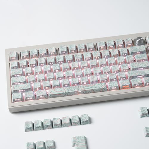 Black on White Topographic Side Printed Keycaps, PBT Shine Through Keycaps,130 Keys Cherry Profile Custom Five-sided Heat Sublimation Keycap Set for Mechanical Keyboard 61/64/84/87/104/108 (White)