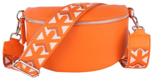 MIRROSI® Bauchtasche Damen, Echtleder, Made in Italy, Umhängetasche, Brusttasche, Crossbody Bag (1 Tasche & 2 Gurte) (Orange (Stern), Mittelgroße Tasche (25x16x7cm))
