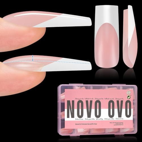 NOVO OVO Instant Apex Sculpted Square French Tip Nail Tips Press on, Thick Pre-applied Tip Primer & Base Coat, BABY PINK Full Cover False Nails Fake Nail Extensions for Acrylic x 15 sizes 150 pcs