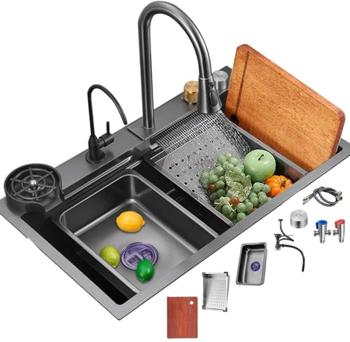 Fregadero De Cocina Multifuncional Fregadero De Acero Inoxidable 304 Negro Fregadero De Un Seno Grifo De Cascada Accesorios Completos (85x45x22cm)
