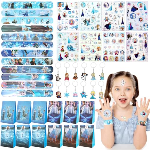 Frozen anna und elsa party spielzeug mitgebsel set, Elsa geburtstagsparty deko, Inklusive 12 Frozen Schnapparmband Kinder, 50 Aufkleber Frozen, 12 Frozen Schlüsselanhänger, 12 Frozen Geschenktüte
