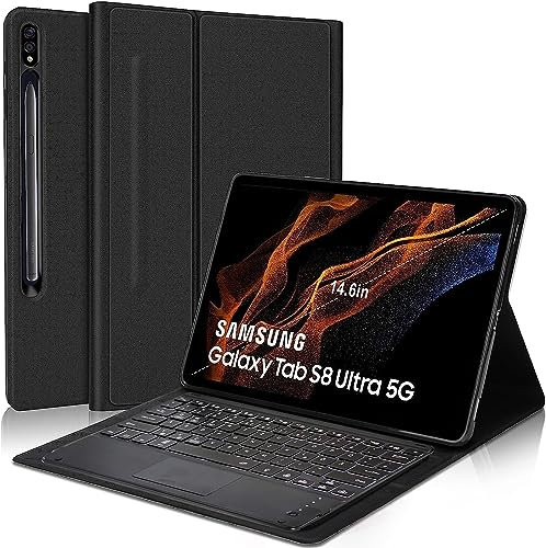 Beleuchtete Tastatur Hülle mit Touchpad für Samsung Galaxy Tab S9 Ultra 14.6 Zoll 2023 (SM-X910/SM-X916B/SM-X918U), Magnetisch Abnehmbare Kabellose QWERTZ Tastatur und PU Leder Schützhülle
