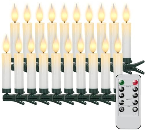 Eldnacele 20 stk LED Lichterkette Kerzen mit Fernbedienung, Timer und Dimmer, Kabellos Kerzenlichter mit Clip, Flammenlose Weihnachtskerzen für Tannenbaum Weihnachtsbaum, Hochzeit, Geburtstags, Party
