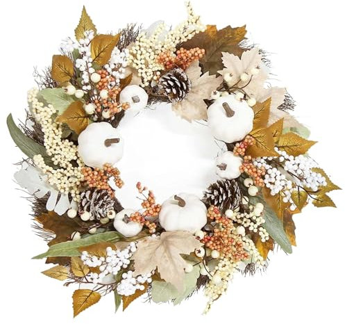 Couronne d'automne pour porte d'entrée de 45,7 cm avec feuille d'érable, citrouille, pomme de pin et baie, décorations d'automne en plastique pour la maison, Thanksgiving, Halloween