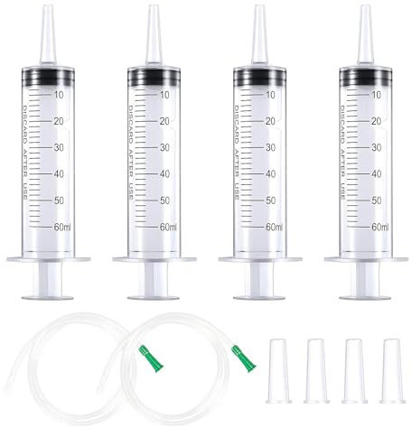 4Pcs Industrial No Needle Syringe,60ml Lab Measuring with Caps 1m Hose Tube | Large Colostrum Syringe,Sterile Liquid Dispensing Syringes Pet Feeding Applicator for Plant irrigation