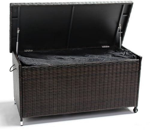 Generisch Kissenbox Aufbewahrungsbox mit Deckel, Innensack und Schloß, ca. 400 Liter Box für die Auflagen und Kissen Polyrattan Gasdruckfeder Gartentruhe, Gartenbox Braun Neu